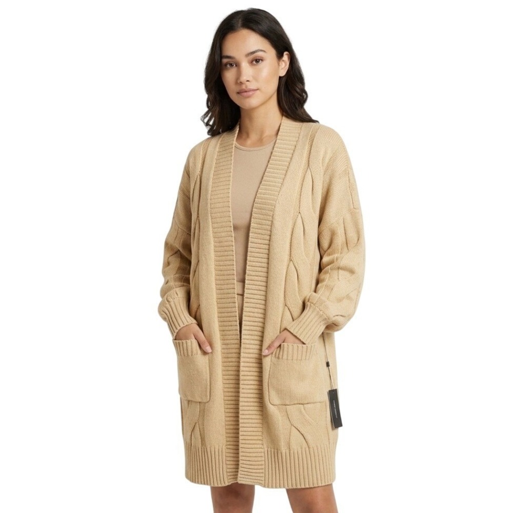 Danielle Bernstein‎ Sweater Womens M Tan Open Cardigan Cable Knit Pockets Macys